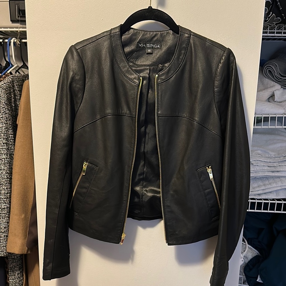 Via Spiga Black Leather Jacket with Gold Zippers